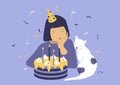 Illustration on the theme of birthday celebration. sad little girl sitting alone over a birthday cake. a cat is sitting next to he Royalty Free Stock Photo